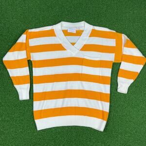 VTG Haberdasher Orange & White Striped V Neck Acrylic Blend Sweater Sz M